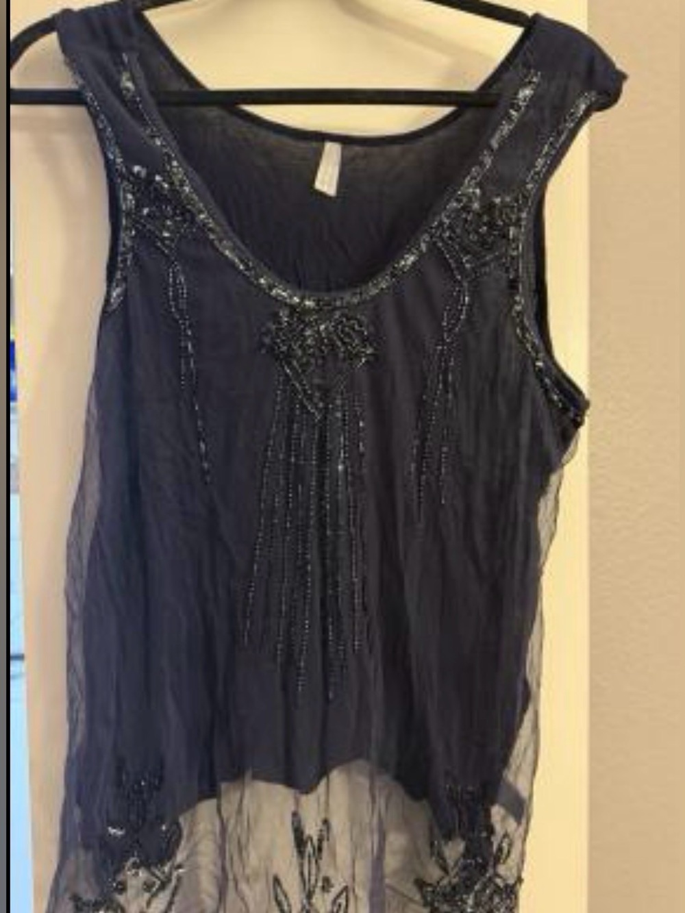 Vanity Beaded Navy Sheer Sleeveless Women's Top XL